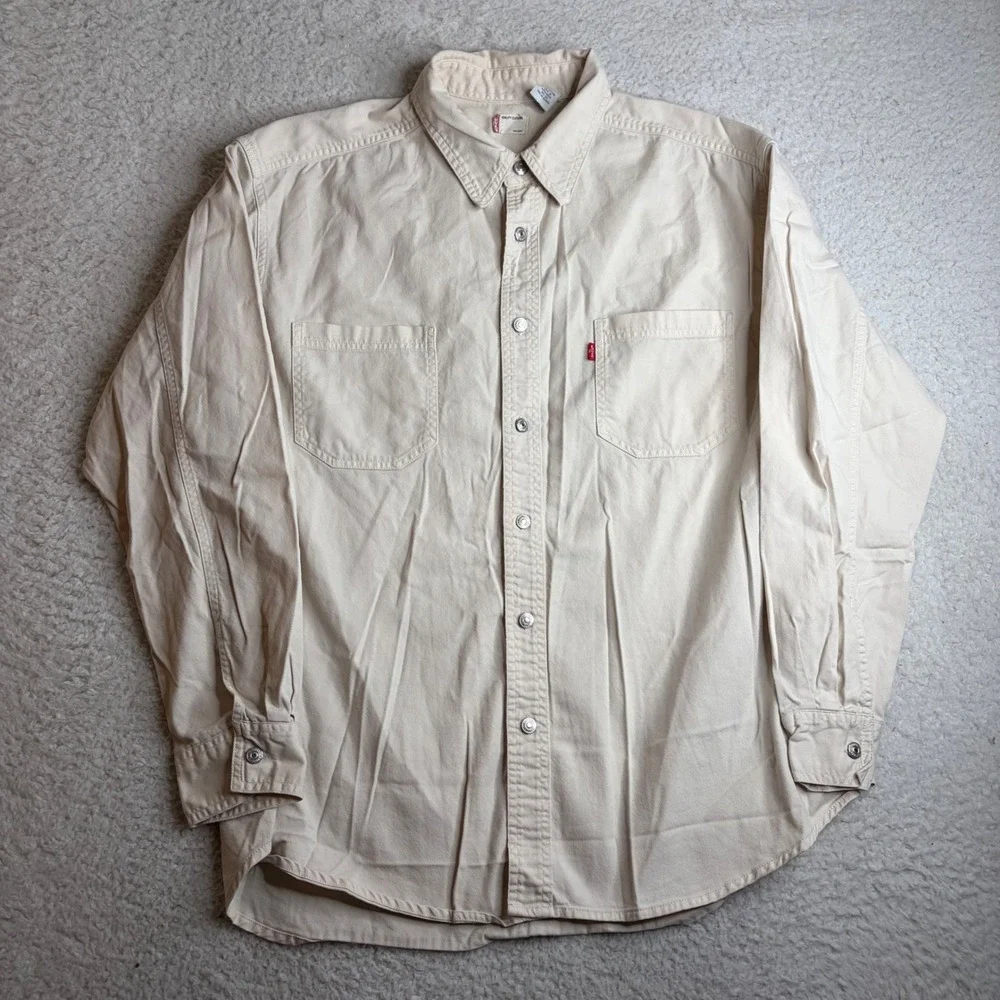 Levis Mens XL Cream Cotton Twill work Shirt Long Sleeve metal buttons Utility